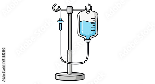 Cartoon illustration of a medical intravenous drip stand with a hanging IV bag and blue fluid.