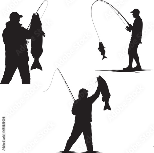 Fishermen with caught fish silhouettes for vector illustration