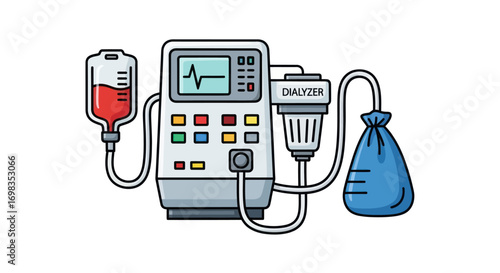 Cartoon Dialysis Machine with Blood Bag and Monitor for Renal Treatment.