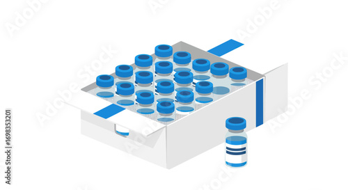 Box of Small Blue and White Pill Bottles Medical Supplies Pharmaceutical Packaging.