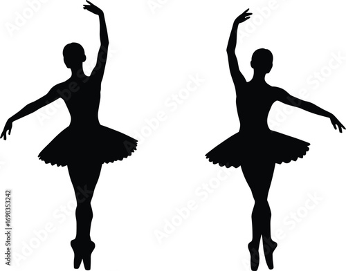 Silhouette of two graceful female ballerinas dancing in classic ballet poses, elegant tutus, pointe shoes, artistic dance vector illustration.