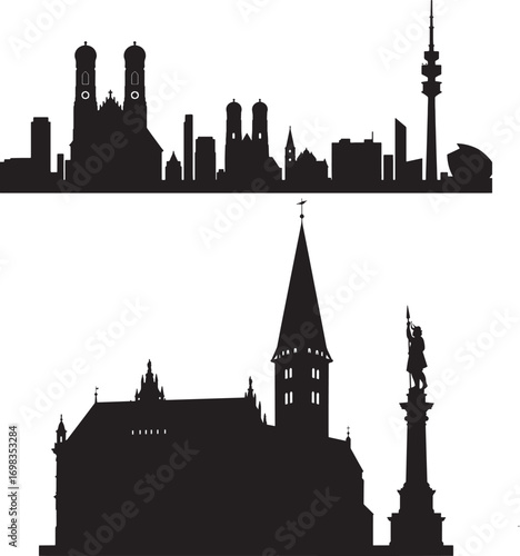 City skyline and historical building silhouettes for vector illustration