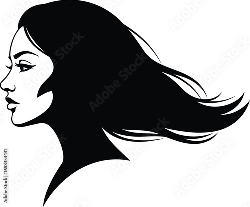 Woman, profile, silhouette, long, flowing, hair, beauty, fashion, style, female, face, black, outline, vector, illustration, isolated, design, element, elegance, icon, set, graphic