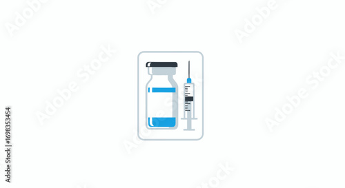 Medical vial and syringe with blue liquid flat design illustration.