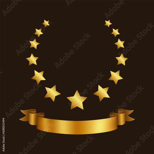 Golden star frame. Gold ribbon. Wreath and empty flag, winner prize, certificate design, premium quality emblem. Realistic award gift. Card or poster template, logotype. Vector isolated illustration