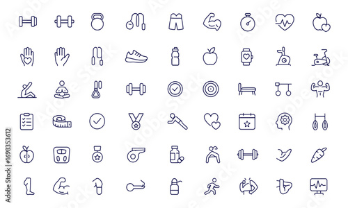 Fitness, Sport, Gym and Health Care Icon Collection with Thin Line Editable Stroke, Wellness Exercise Training, Workout Lifestyle Vector Illustration, Healthy Body, Cardio, Nutrition, Dumbbell