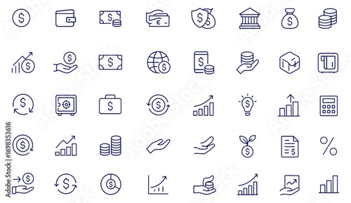 Money finance banking payment icons, dollar coin wallet cash credit card business safe investment commerce economy loan salary profit stock growth vector illustration, secure transactions