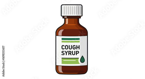 Bottle of Cough Syrup with Label Brown Glass and White Cap.