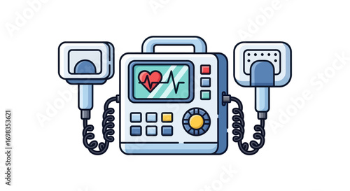 Medical defibrillator with paddles and EKG heart rate monitor screen.