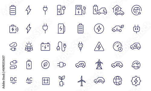 Charging Station Icon Set, Electricity and Power Line Style Vector Illustration, Battery, EV, Electric Car, Socket, Wireless Energy, Lightning, Eco Transport, Renewable Energy Icons