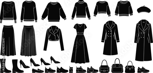 Women’s, clothing, silhouettes, fashion, apparel, shoes, accessories, tops, skirts, dresses, coats, jackets, handbags, beret, black, outline