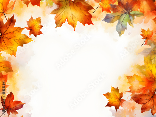 Colorful watercolor maple leaves frame with white empty copy space inside 