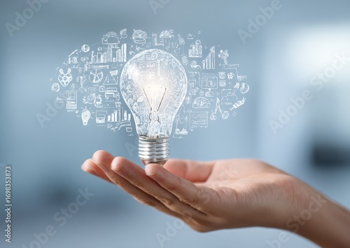 Wallpaper Mural Hand holding a glowing lightbulb with a cloud of digital icons representing innovation and creative ideas. Torontodigital.ca