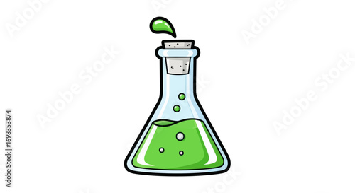 Cartoon Erlenmeyer Flask with Green Liquid and Droplet.