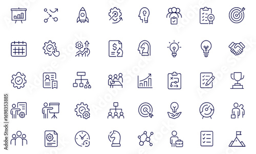 Project Management Icon Set, Linear Web and Mobile App Design, Business Planning, Startup, Teamwork, Organisation, Marketing, Workflow, Strategy, Collaboration, Growth, Vector Illustration