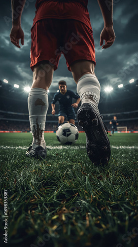 Intense soccer match: A player stands poised to kick the ball