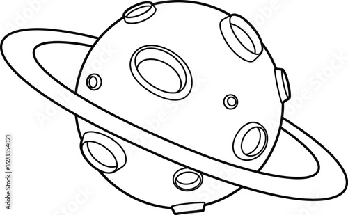 Whimsical outline illustration of a ringed planet with craters.