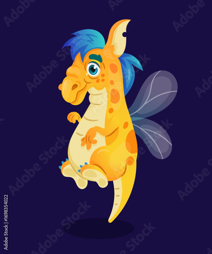 Cartoon alien. Funny monster character. Flying strange beast. Cute animal with wings. Fantasy spotted troll. Fairytale creature. Fantastic furry goblin. Mythic little devil. Vector kids illustration