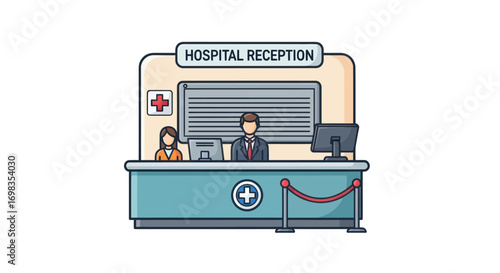 Hospital Reception Desk with Staff and Medical Symbol Illustration.