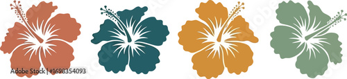 Four colorful hibiscus flowers arranged horizontally vibrant tropical floral design elements vector