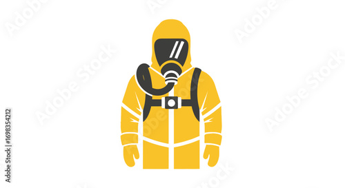 Protective yellow hazmat suit with a full-face respirator and breathing apparatus.