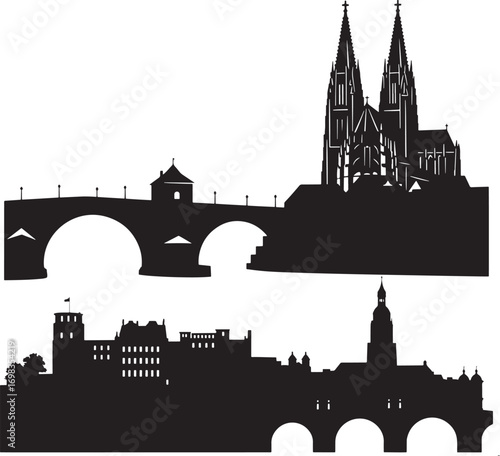Bridge and cathedral silhouettes for vector illustration