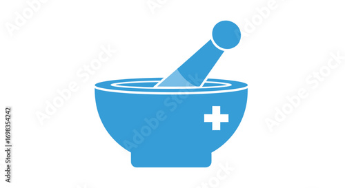 Blue Mortar and Pestle with Medical Cross Icon.