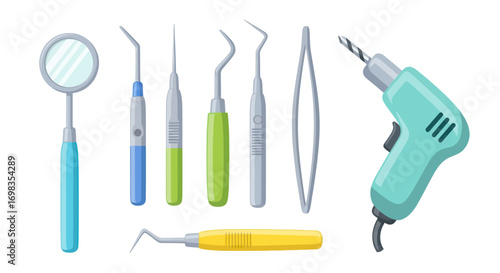 Dental Instruments: Mirror Probes Scalers Forceps and Drill for Oral Hygiene and Treatment.