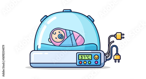 Newborn baby in a futuristic incubator with temperature display and power cords.