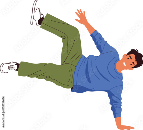 Energetic young man performing a dynamic breakdance move with a smile