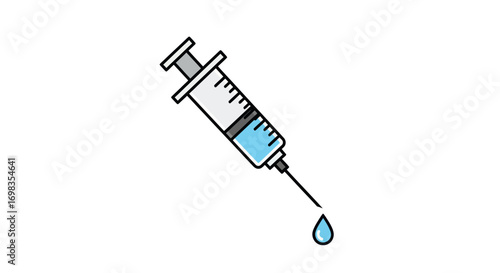 Medical Syringe with Light Blue Liquid and Droplet.