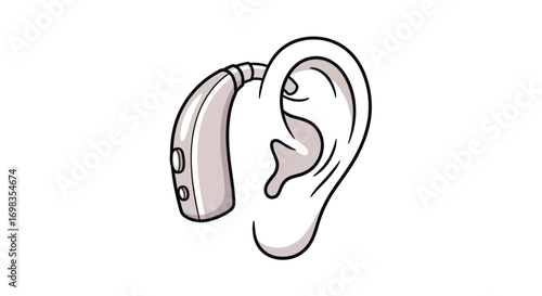 Cartoon illustration of a beige behind-the-ear hearing aid fitted into a stylized human ear.