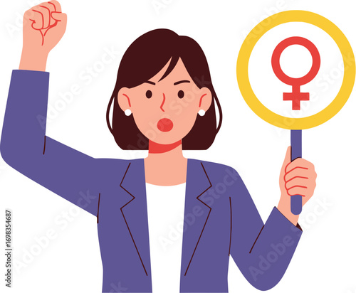 Determined woman raising fist and holding female symbol, advocating for equality and empowerment.