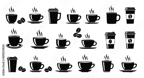 Collection of coffee cups and beans in elegant black and white for cafe menus and advertising