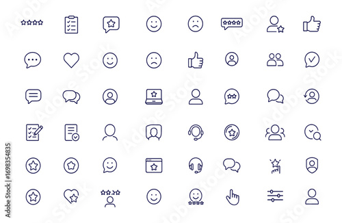 Customer feedback review icons, thin line vector illustration for survey, star rating, testimonials, satisfaction, chat, CRM, emotion, online business communication, client loyalty