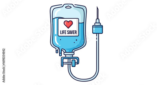 Cartoon Illustration of Intravenous Drip Bag with Life Saver Label.