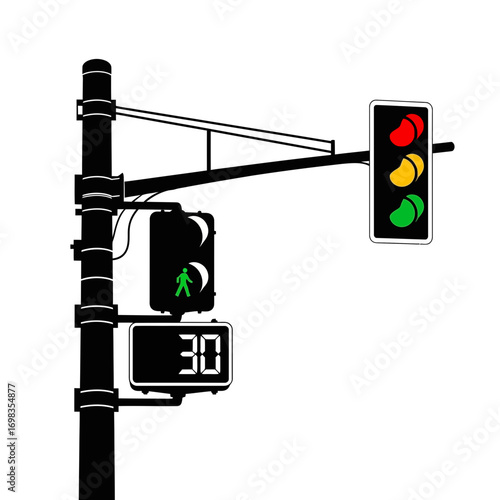 Traffic light and pedestrian signal with countdown timer silhouette isolated on white background
