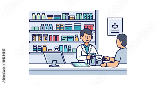 Pharmacist assisting customer at counter with shelves of medicine.