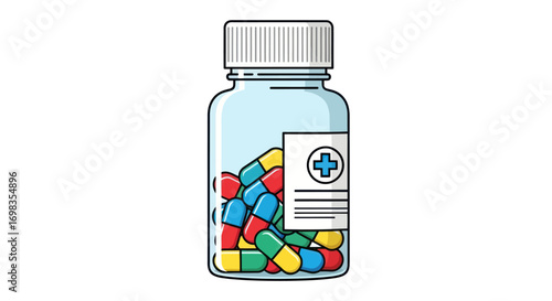 A clear medicine bottle illustration filled with colorful red blue and yellow pill capsules.