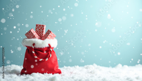 full bag of Christmas gifts snowfall blue background