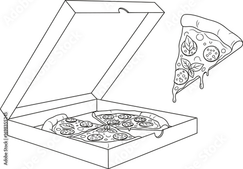 Delicious pizza slices in a delivery box, ready to be enjoyed