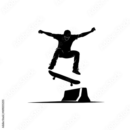 Skateboarder performing a trick over a ramp silhouette isolated on white background