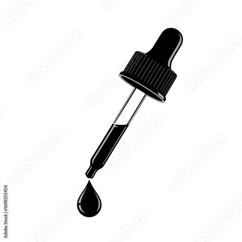 Black dropper with liquid drop silhouette isolated on white background