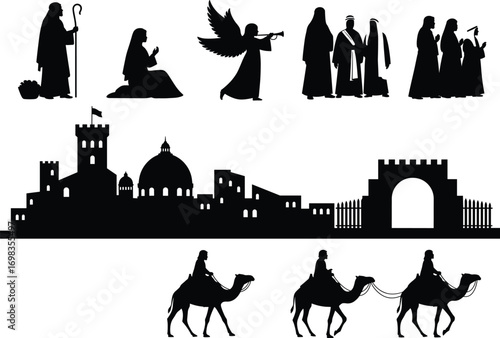 Silhouette Vector of Nativity Biblical Characters, City of Bethlehem, Angel, and Camel Caravan for Christmas Religious Design and Decoration Projects