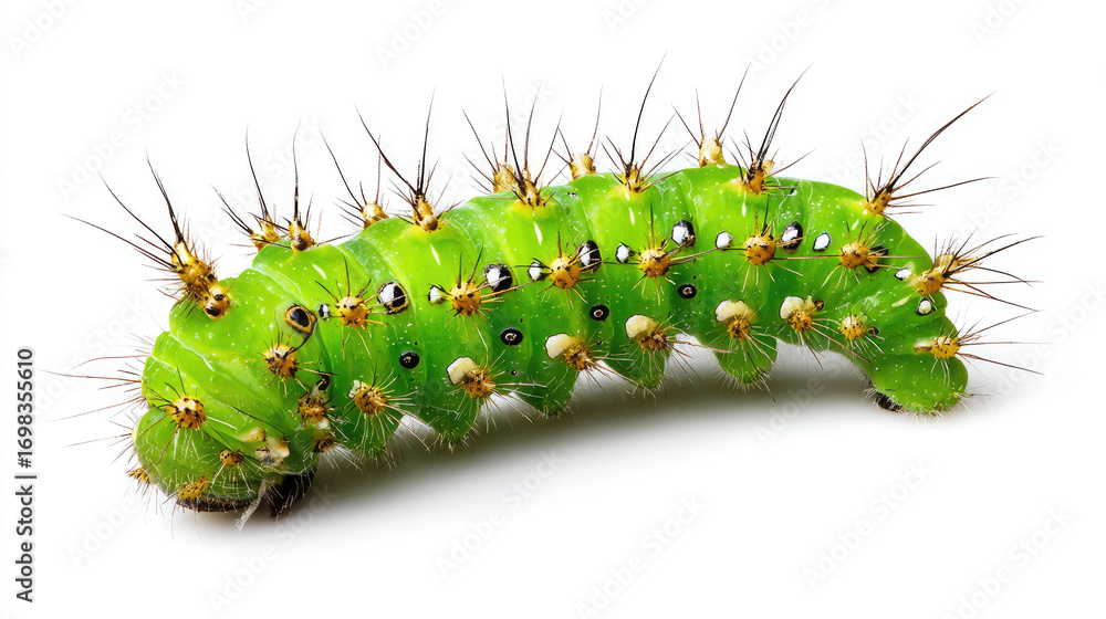 Naklejka premium Vibrant Caterpillar: A macro perspective unveils a stunning green caterpillar adorned with an array of spines and spots, set against a simple backdrop. 