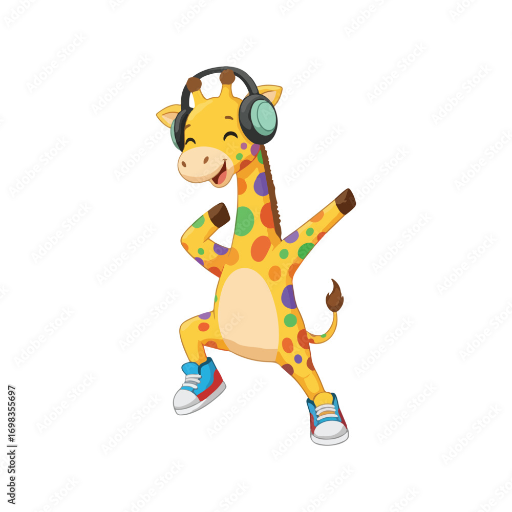 Naklejka premium Illustration of happy giraffe wearing headphone and dancing isolated on white background