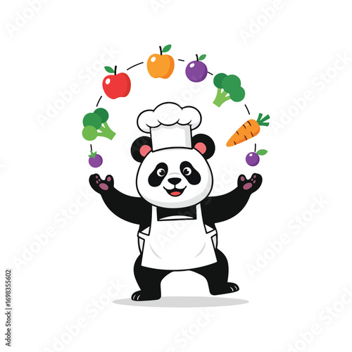 Illustration of cartoon panda chef juggling fruits and vegetables isolated on white background