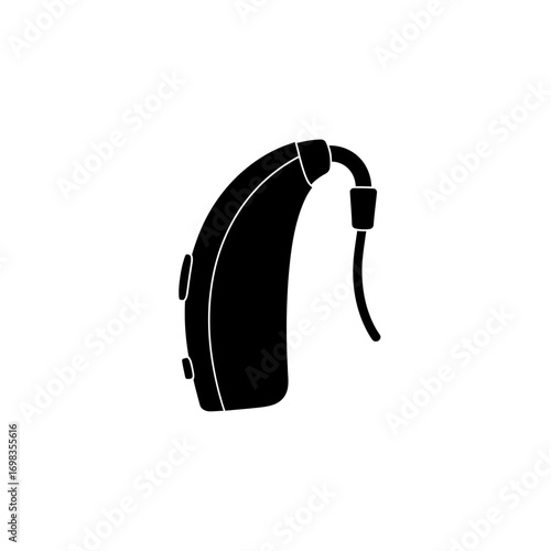 Black silhouette of a hearing aid isolated on white background