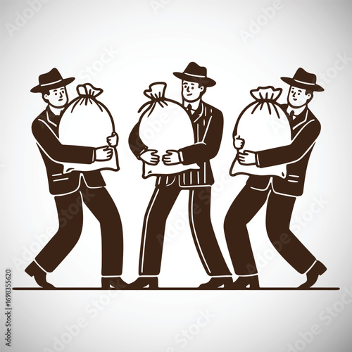 Three men in suits and hats carrying large sacks bags money 1