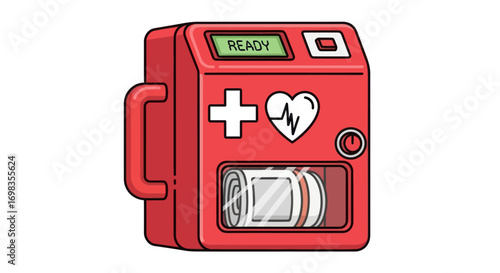 Red Automated External Defibrillator AED with Heartbeat and Cross Symbol.